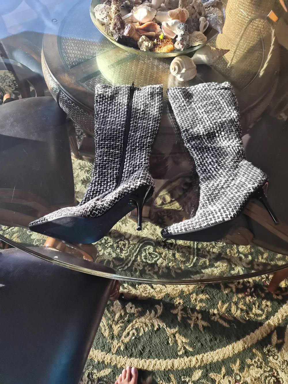 Black & White Tweed Knee-High Pointed Toe Stiletto Boots